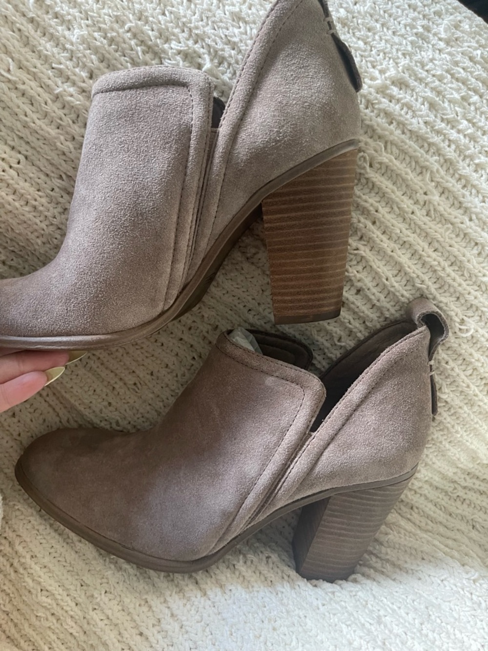 Vince Camuto Taupe Suede Stacked Heel Ankle Booties
